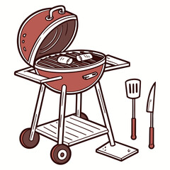 Red barbecue grill with food and utensils cooking meat