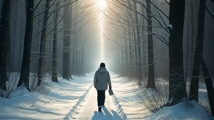 A man walks alone through a snowy forest towards a bright light, winter scene