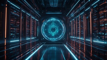 Bright, futuristic AI network server design: sleek lines, glowing circuits, ethereal energy core.