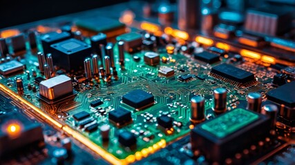 Detailed futuristic background: luminous circuits and microchips on a high-tech motherboard.