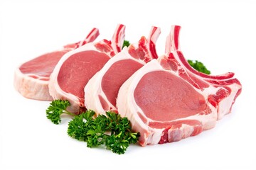 Four raw lamb chops with bone and parsley garnish on white meat food