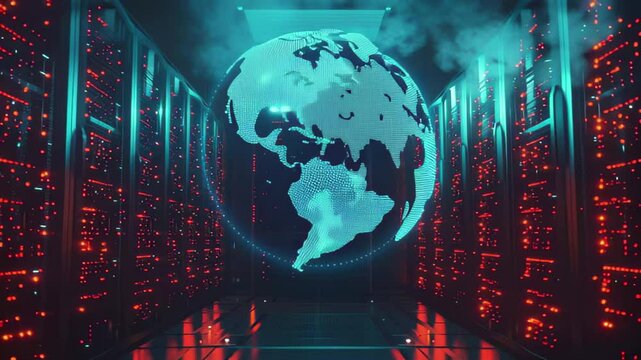 Innovative financial data processing with a digital globe against a server backdrop, financial data processing and globe over server room - Powered by Adobe