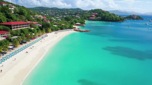 Serene aerial view of St Thomas beach showcasing turquoise waters and lush green hills, St Thomas beach aerial view