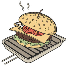 Juicy burger cooking on grill hamburger food