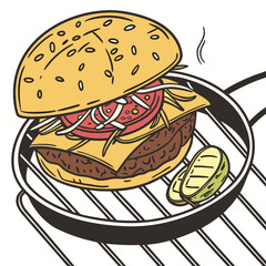Juicy cheeseburger with pickles on grill grilled