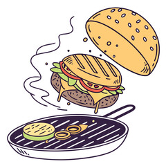 Burger cooking on grill food ingredients
