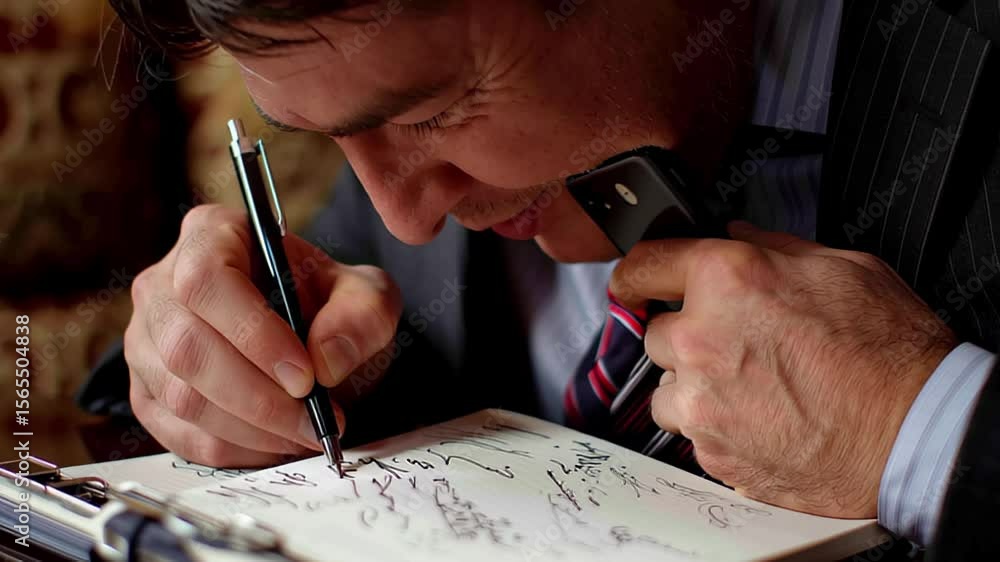 Aufkleber boss conducts business call while taking notes in elegant office setting, boss is talking on a smart