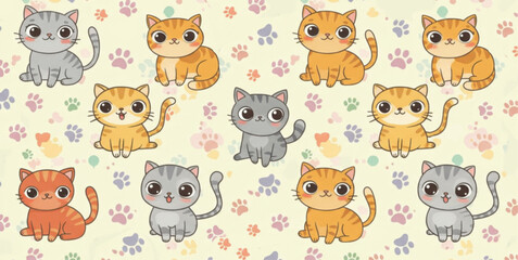 Cute Kawaii Cats Seamless Pattern with Colorful Paw Prints on Cream Background
