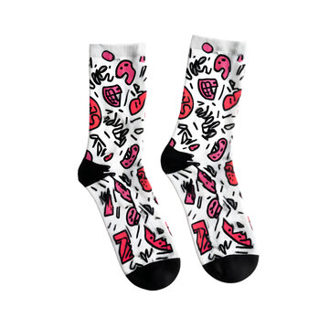 Quirky socks with abstract doodle art stand out with their playful pink and black pattern against a clean white background, transparent background