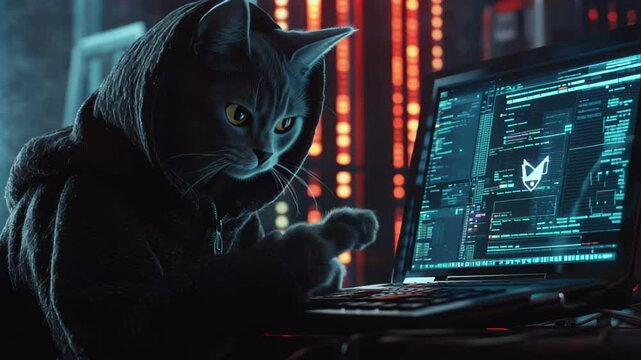 Cat takes on the role of a hacker at a computer in a futuristic setting, cat becomes a hacker