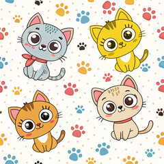 Adorable Big-Eyed Cartoon Kittens with Rainbow Paw Prints Seamless Pattern
