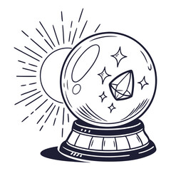Crystal ball with sun rays and gem fortune telling