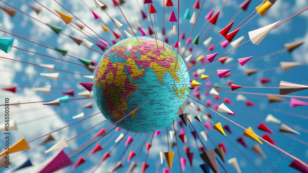 Poster global data processing represented through arrows radiating from earth against a blue sky, arrows an