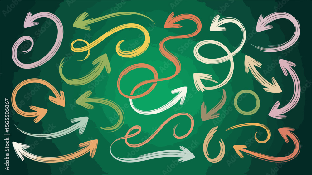 Poster collection of colorful hand drawn arrows and circular shapes on a textured dark green background rep
