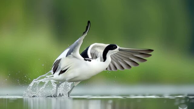 Avocet Recurvirostra avosetta gracefully landing in a calm wetland during sunset, Avocet Recurvirostra avosetta in the wild A group of birds takes off on the river Slow motion