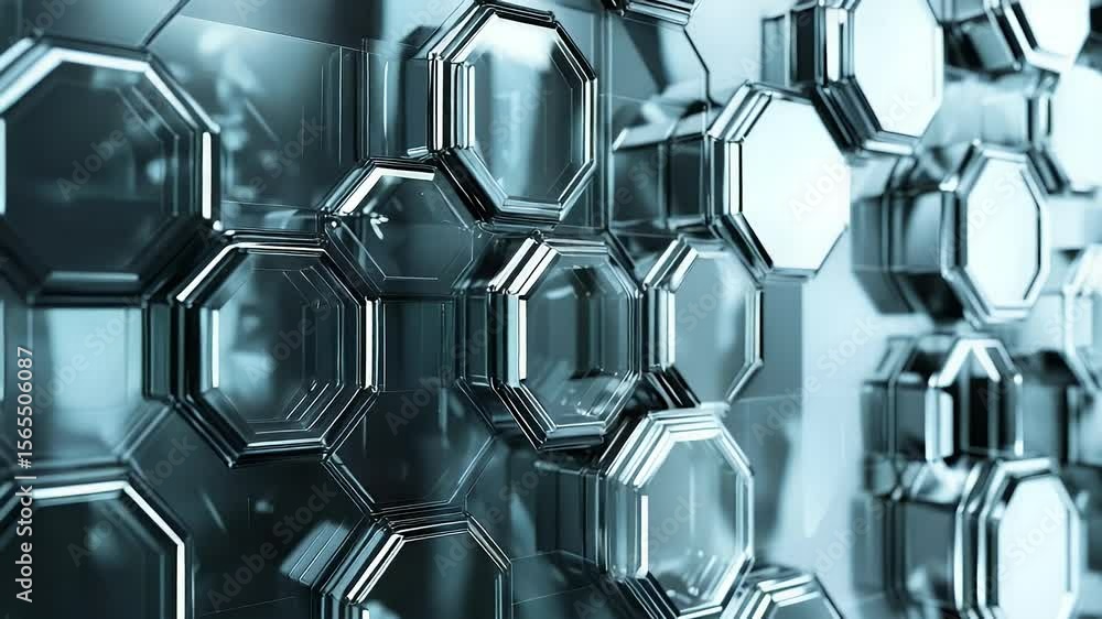 Poster abstract 3d rendered background with hexagonal shapes in shades of blue and silver featuring a depth