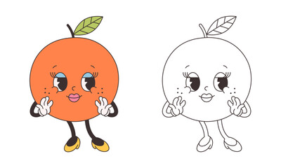 Cute groovy orange coloring page. Trendy funky retro cartoon fruit character. Groovy summer coloring book. Vector illustration in flat style