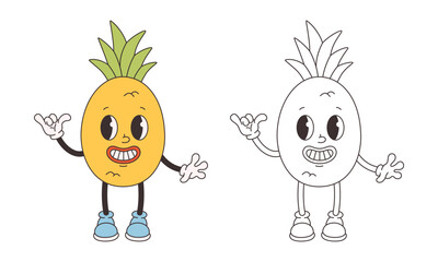Cute groovy pineapple coloring page. Trendy funky retro cartoon fruit character. Groovy summer coloring book. Vector illustration in flat style