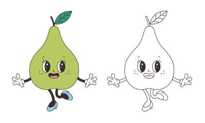 Cute groovy pear coloring page. Trendy funky retro cartoon fruit character. Groovy summer coloring book. Vector illustration in flat style