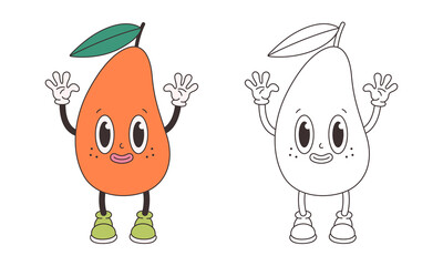 Cute groovy mango coloring page. Trendy funky retro cartoon fruit character. Groovy summer coloring book. Vector illustration in flat style