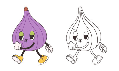 Cute groovy fig fruit coloring page. Trendy funky retro cartoon fruit character. Groovy summer coloring book. Vector illustration in flat style