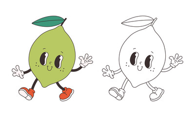 Cute groovy lime coloring page. Trendy funky retro cartoon fruit character. Groovy summer coloring book. Vector illustration in flat style
