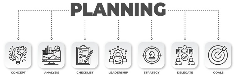 Strategic planning process stages for business growth and development with concept analysis leadership strategy and goals achievement illustration