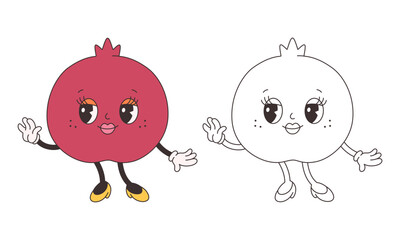 Cute groovy pomegranate coloring page. Trendy funky retro cartoon fruit character. Groovy summer coloring book. Vector illustration in flat style