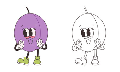Cute groovy plum coloring page. Trendy funky retro cartoon fruit character. Groovy summer coloring book. Vector illustration in flat style