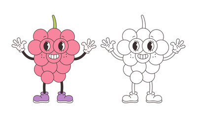 Cute groovy raspberry coloring page. Trendy funky retro cartoon fruit character. Groovy summer coloring book. Vector illustration in flat style