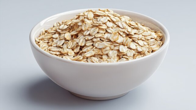 Healthy rolled oat flakes in a white bowl on a clean background, perfect for promoting nutritious breakfast options and wellness lifestyle.