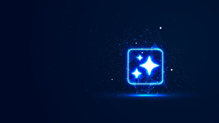 Futuristic virtual AI Assistant in the blue neon light style. 3D Artificial Intelligence star with sparkle, particles, and plexus lines. Digital technology illustration concepts on a dark background
