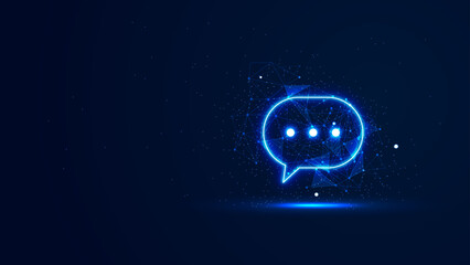 Futuristic virtual social media chatbox in the blue neon light style. 3D message speech bubble with particles and plexus lines. Digital technology illustration concepts on a dark background