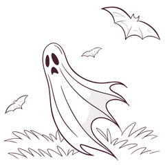 Spooky ghost with bats and grass halloween flying