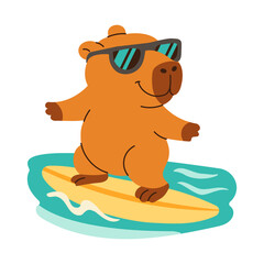 A cute brown capybara is sitting in a beach chair with a book and a glass of orange juice