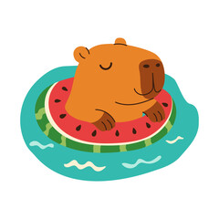 A capybara is floating on a water raft with a slice of watermelon