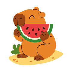 A cartoon of a brown capybara eating a watermelon
