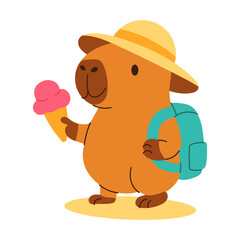 A capybara is holding an ice cream cone and a backpack