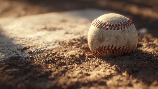 A baseball nestled in the batter's box dirt, with rays of sunlight creating a dramatic contrast between the red stitching and the field's textures