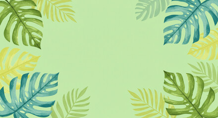 Pastel green background with hand-drawn tropical leaves in watercolor style, soft shadows and organic shapes.