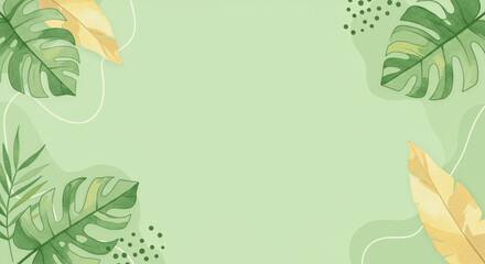 Pastel green background with hand-drawn tropical leaves in watercolor style, soft shadows and organic shapes.