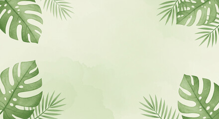 Pastel green background with hand-drawn tropical leaves in watercolor style, soft shadows and organic shapes.
