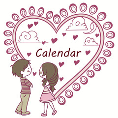 Couple within decorative heart with clouds and hearts