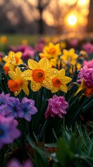 A close-up of vibrant spring wildflowers in a meadow--bright yellow daffodils, purple crocuses