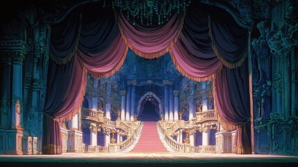 Anime background Magnificent opera performance stage curtains part revealing grand sets