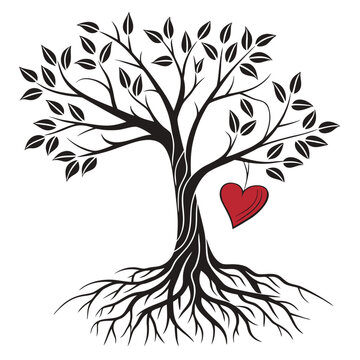 Black tree with red heart love roots