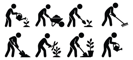 Gardening-themed stickman silhouettes showing planting, watering, raking, and soil work in black vector
