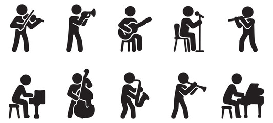 Stickman icon set of musicians playing violin, guitar, cello, and other musical instruments in black silhouette style © creatix