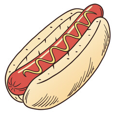 Red sausage hot dog with yellow mustard in bun vector