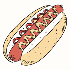 Red sausage with yellow mustard and ketchup hot dog